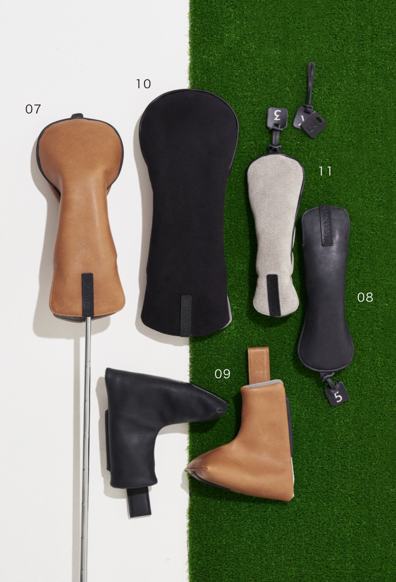GANZO GOLFの5つのプロダクト。07. オイルグローブ フェアウェイ ウッド ヘッド カバー、08. オイルグローブ ユーティリティー ヘッド カバー、09. オイルグローブ パター ヘッド カバー、10. ウルトラスエード ドライバー ヘッド カバー、11. ウルトラスエード ユーティリティー ヘッド カバー